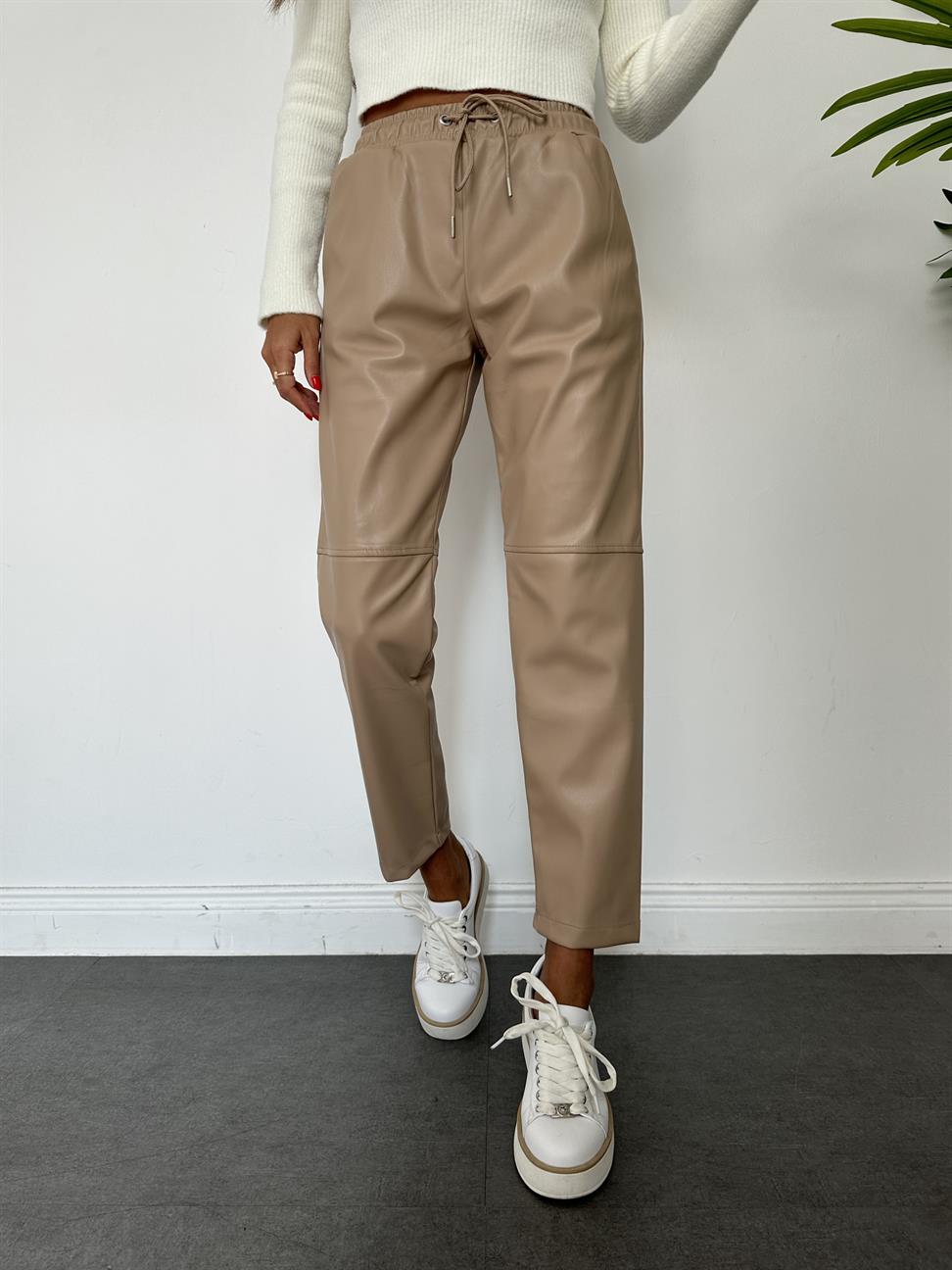 Bej Dizi Dikişli Bağcıklı ve Beli Lastikli Deri Pantolon