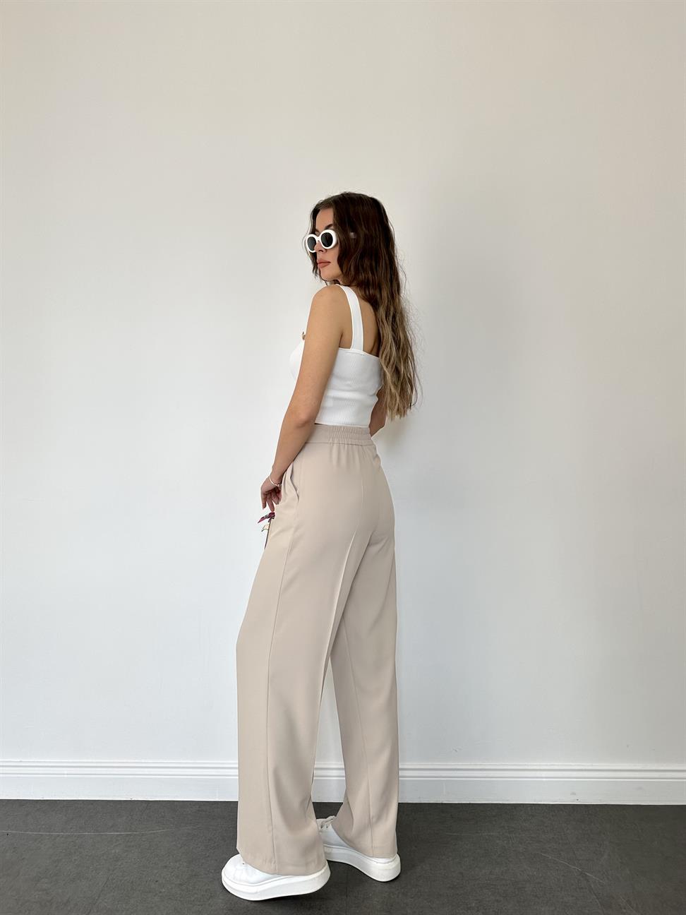 Bej Geniş Paçalı Pantolon