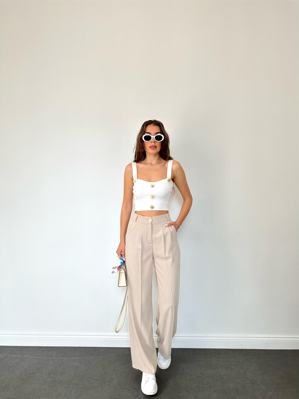Bej Geniş Paçalı Pantolon