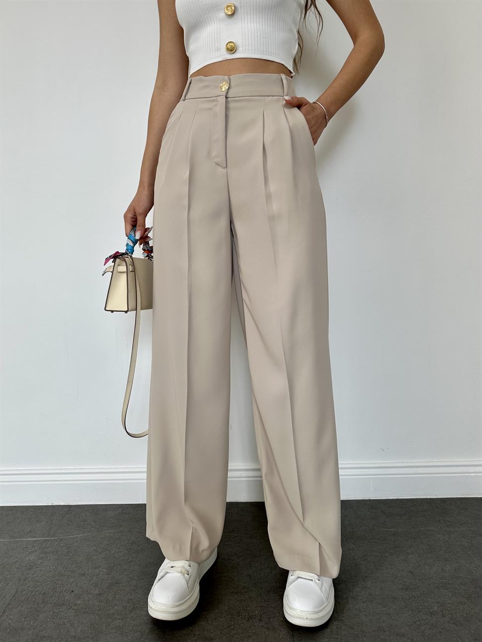 Bej Geniş Paçalı Pantolon