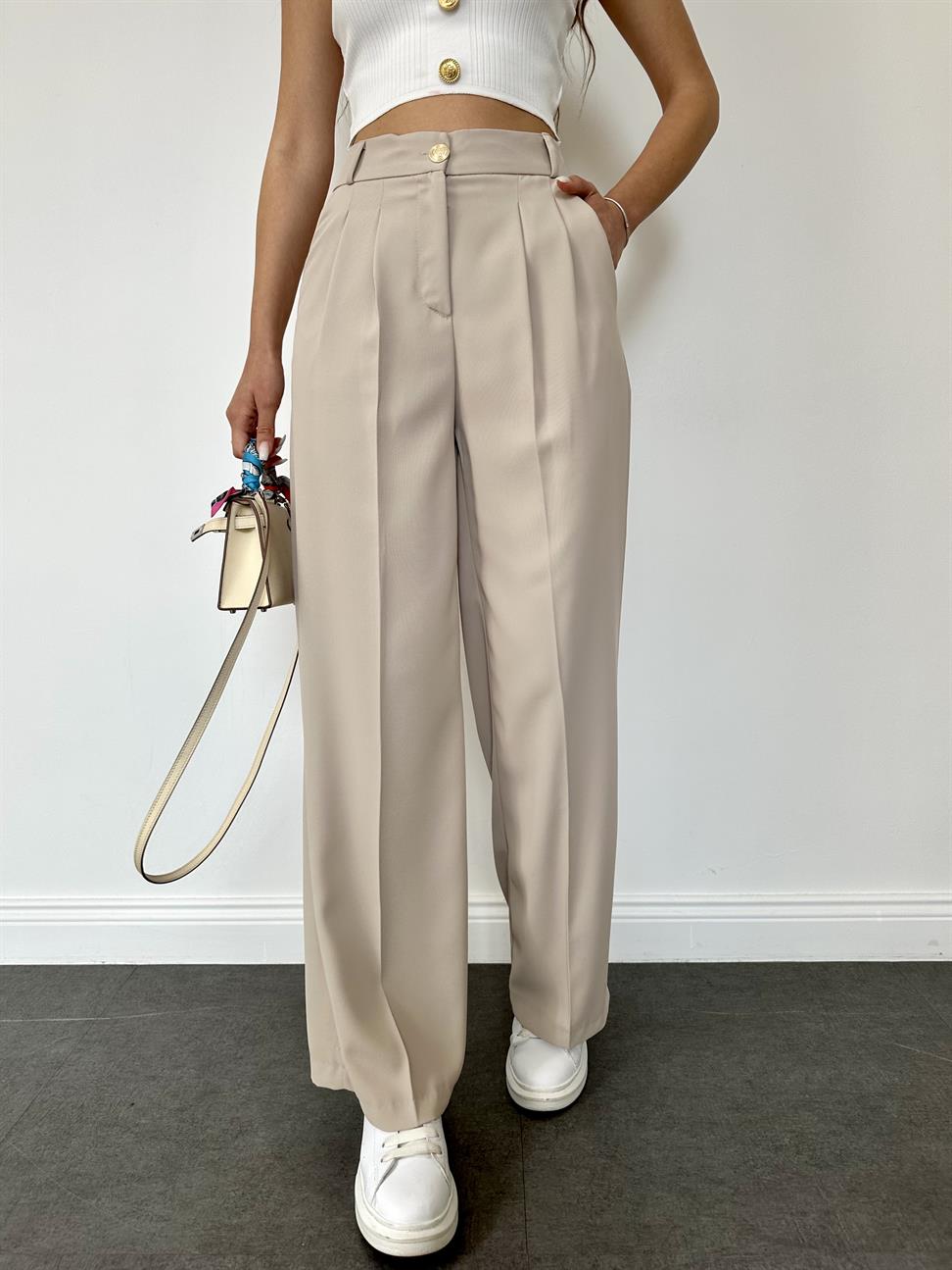 Bej Geniş Paçalı Pantolon