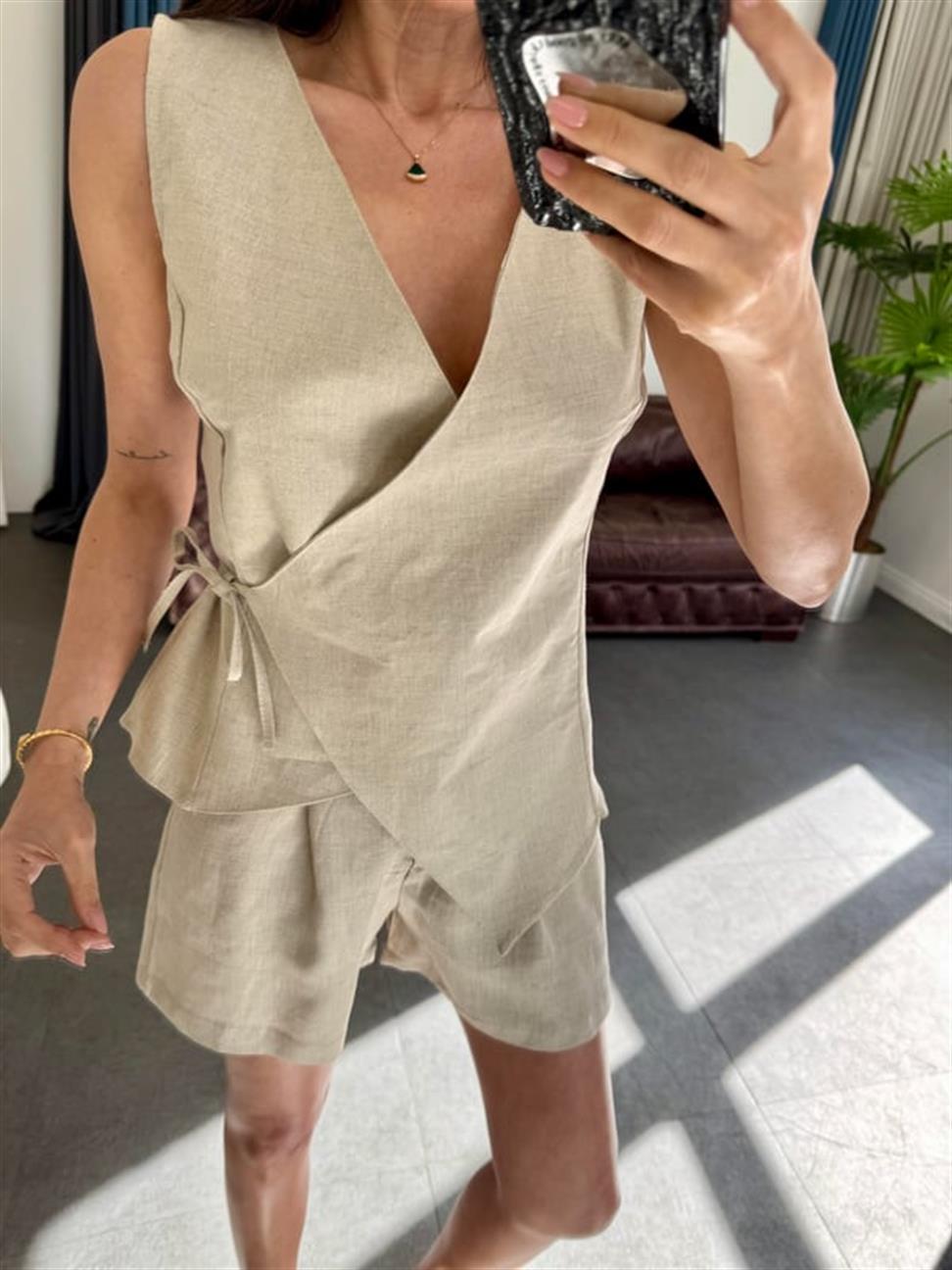 Bej Keten Bağlamalı Yelek