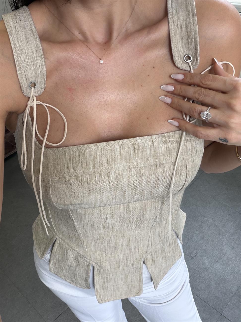Bej Keten Görünümlü Korse Bluz