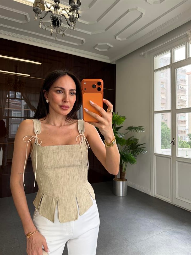 Bej Keten Görünümlü Korse Bluz