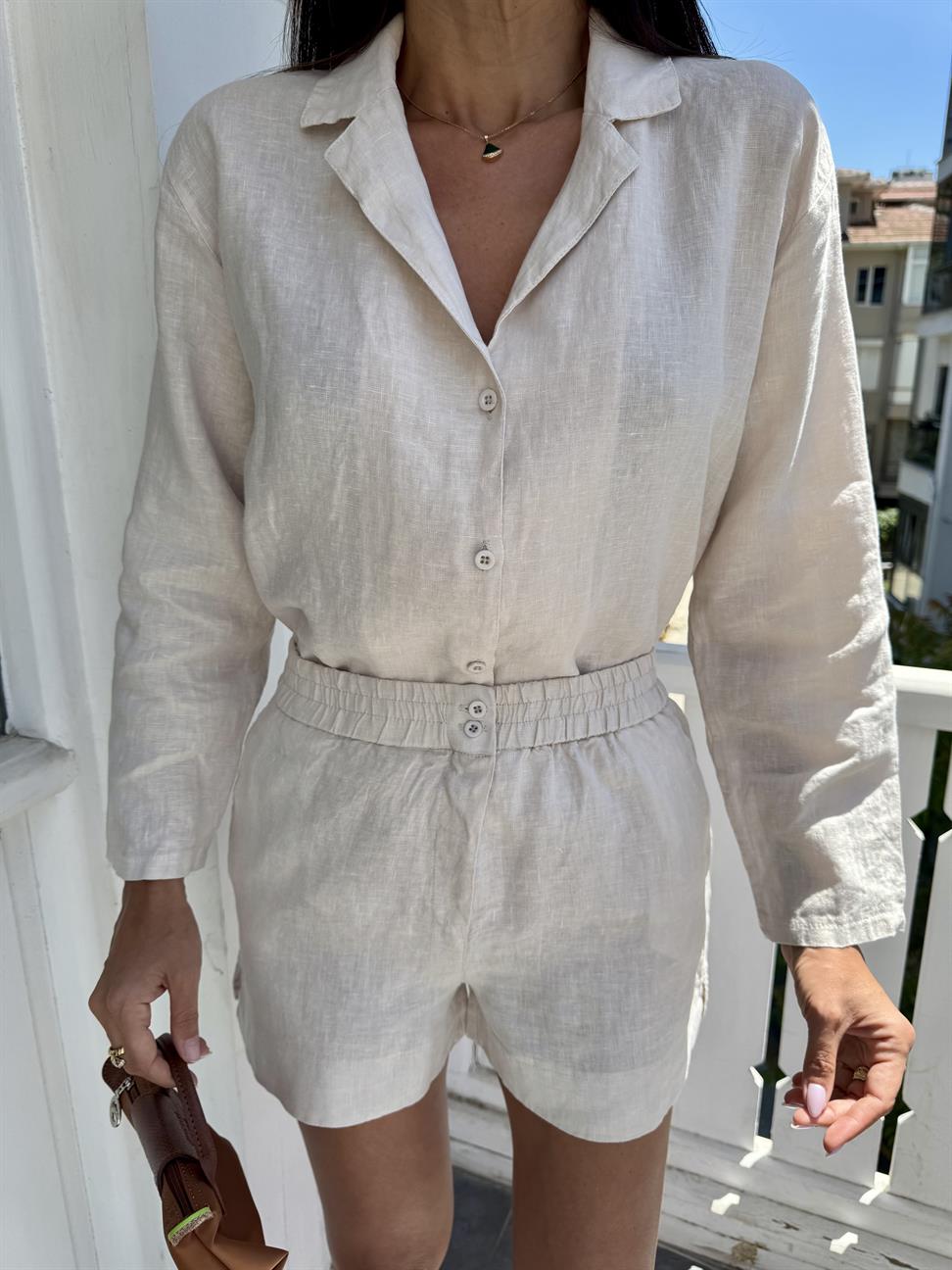 Bej Keten Şortlu Takım