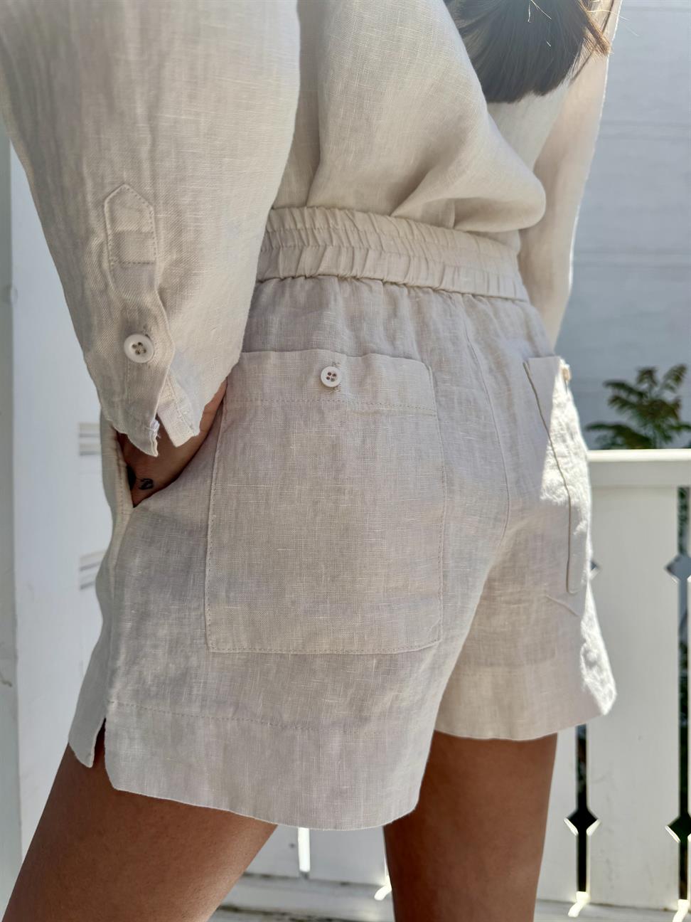 Bej Keten Şortlu Takım