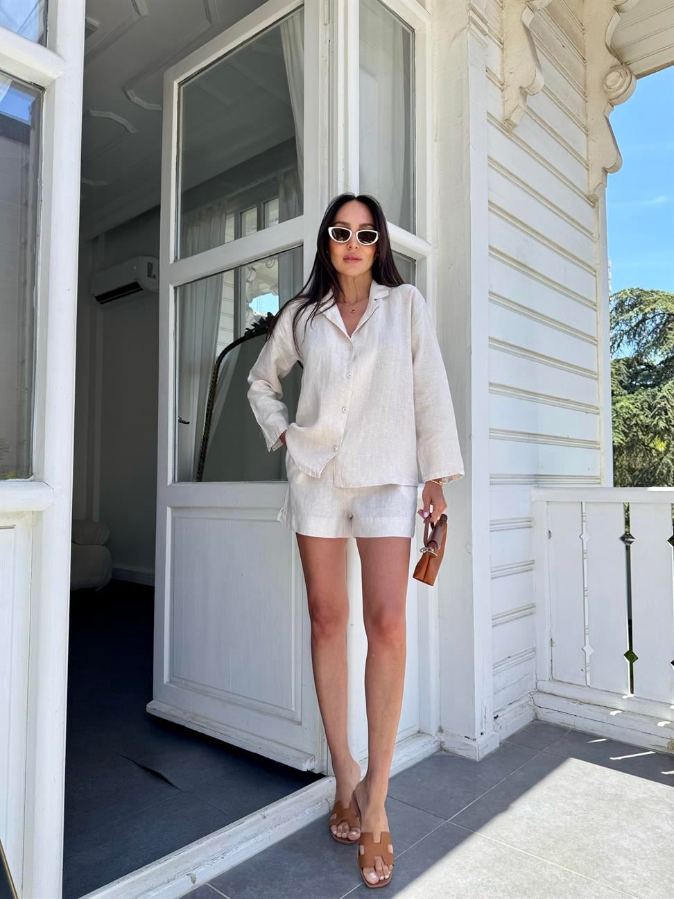 Bej Keten Şortlu Takım