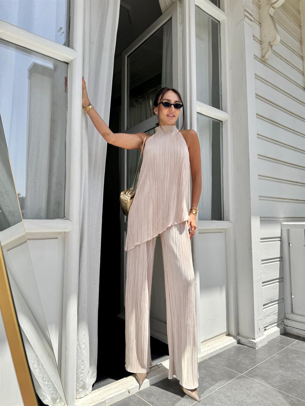 Bej Kırınkıl Kumaş Bluz Takım