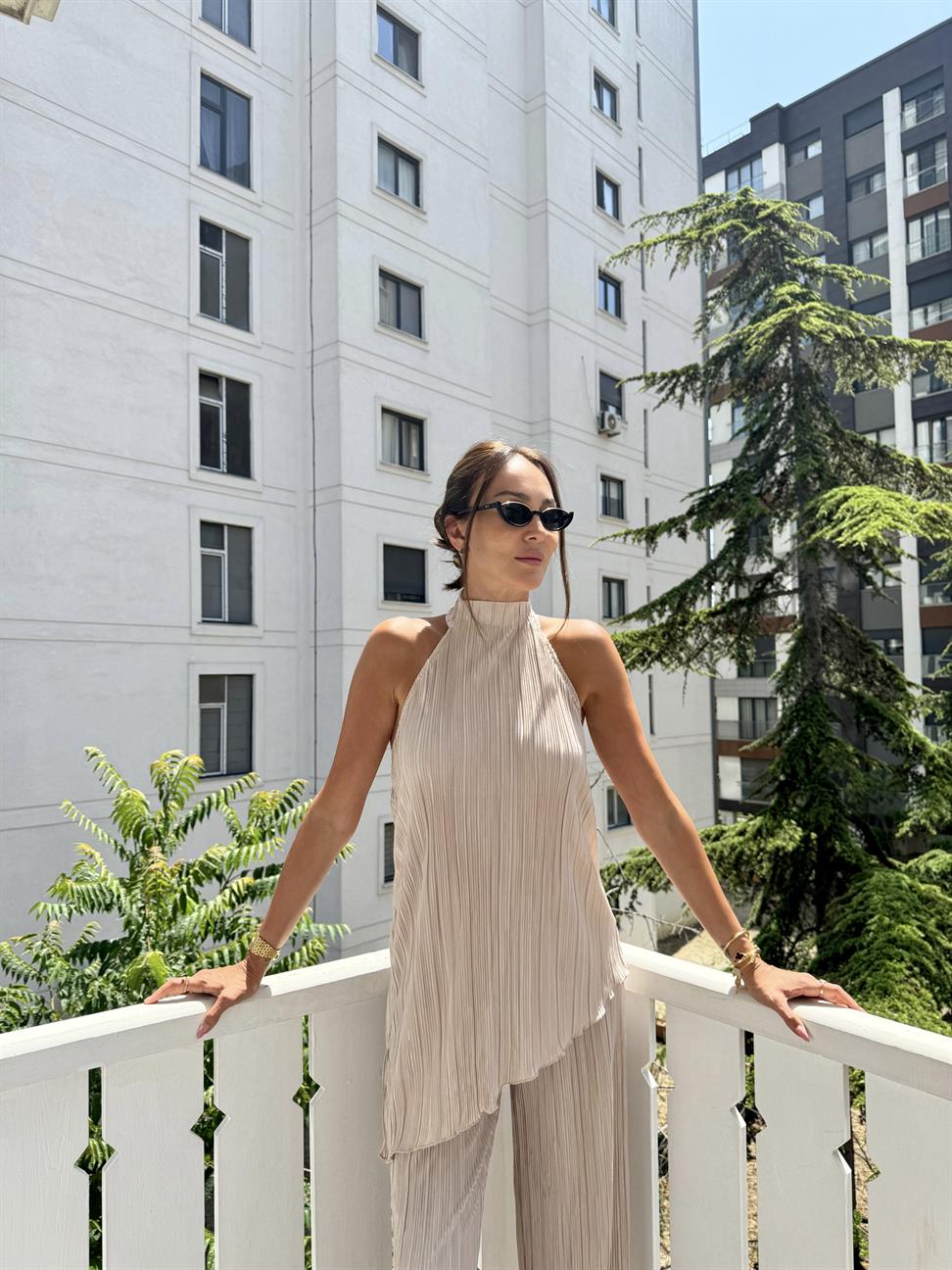 Bej Kırınkıl Kumaş Bluz Takım