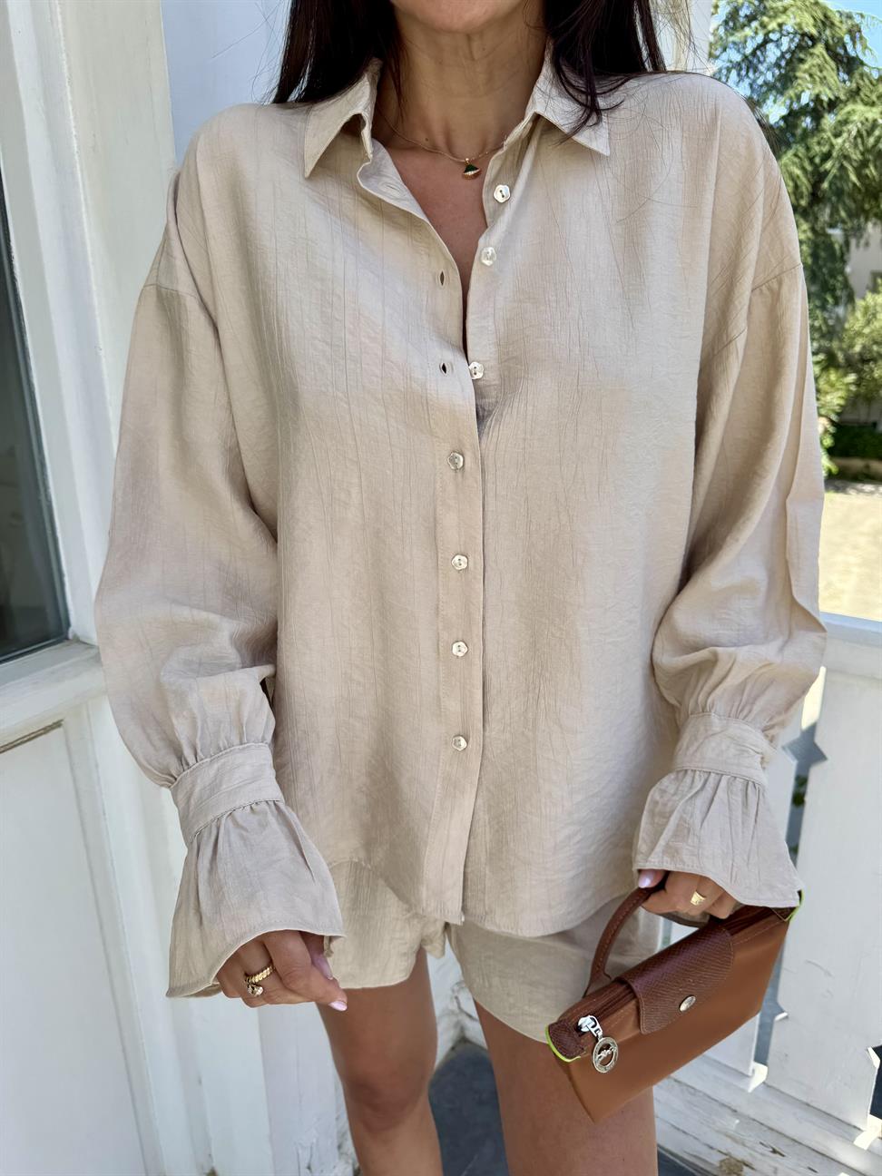 Bej Kol Fırfırlı Gömlek Şort İkili Takım