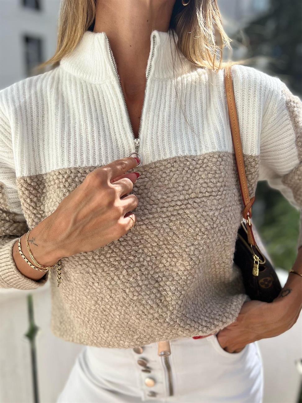 Bej-Krem Fermuarlı Kazak