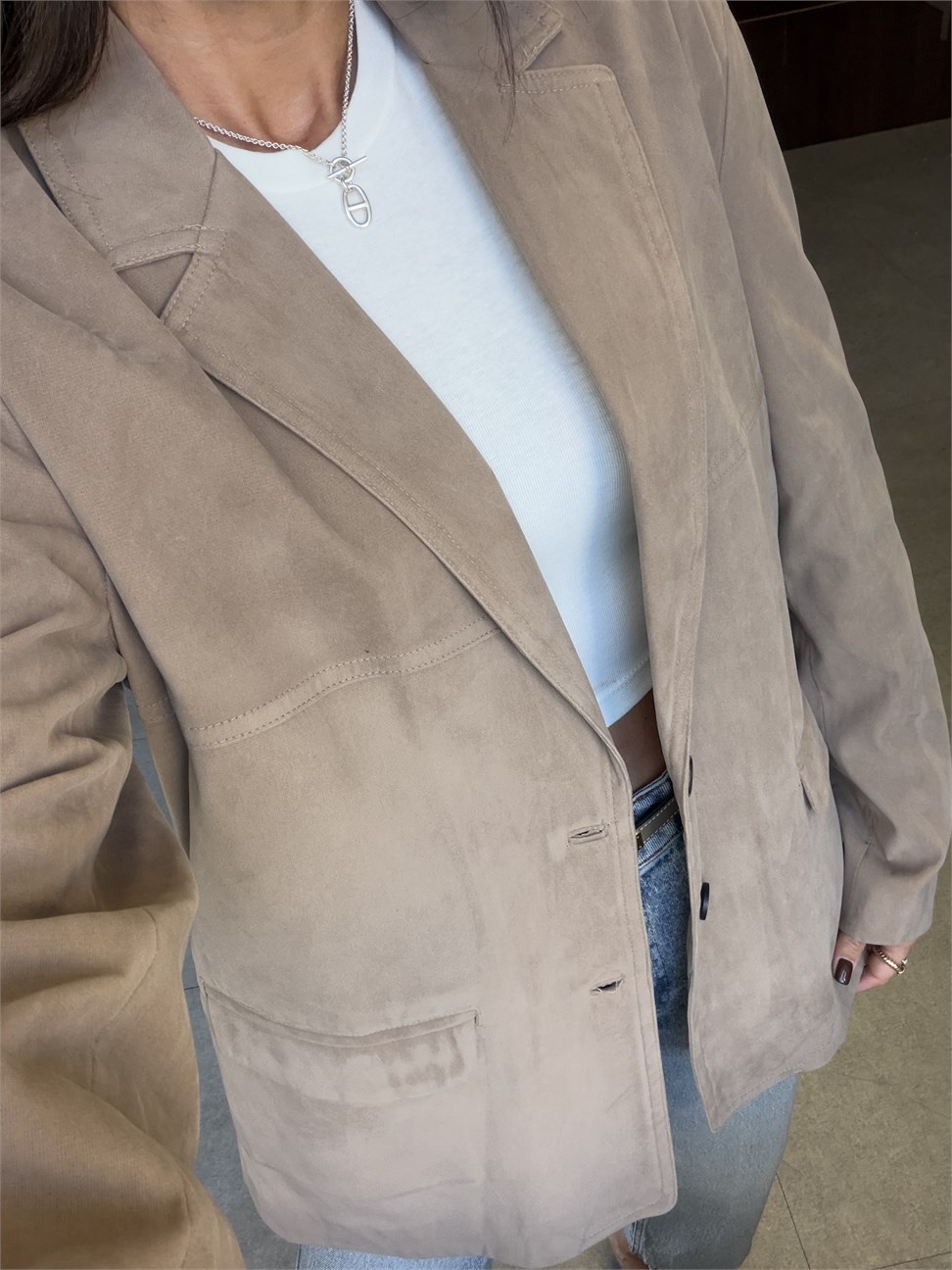 Bej Kuşaklı Süet Blazer Ceket