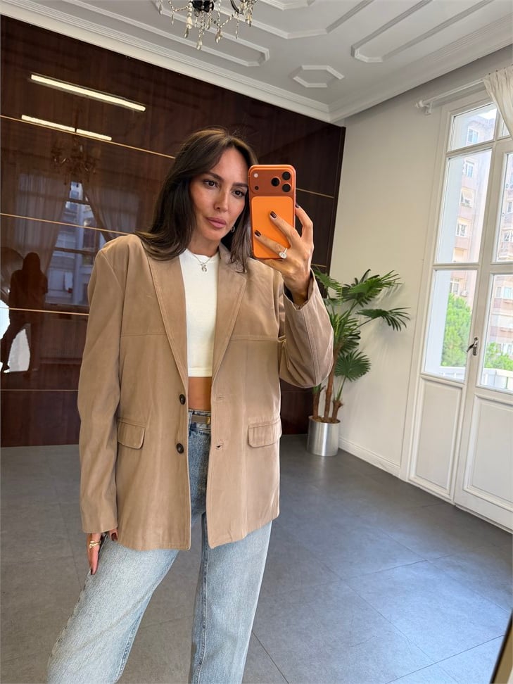 Bej Kuşaklı Süet Blazer Ceket