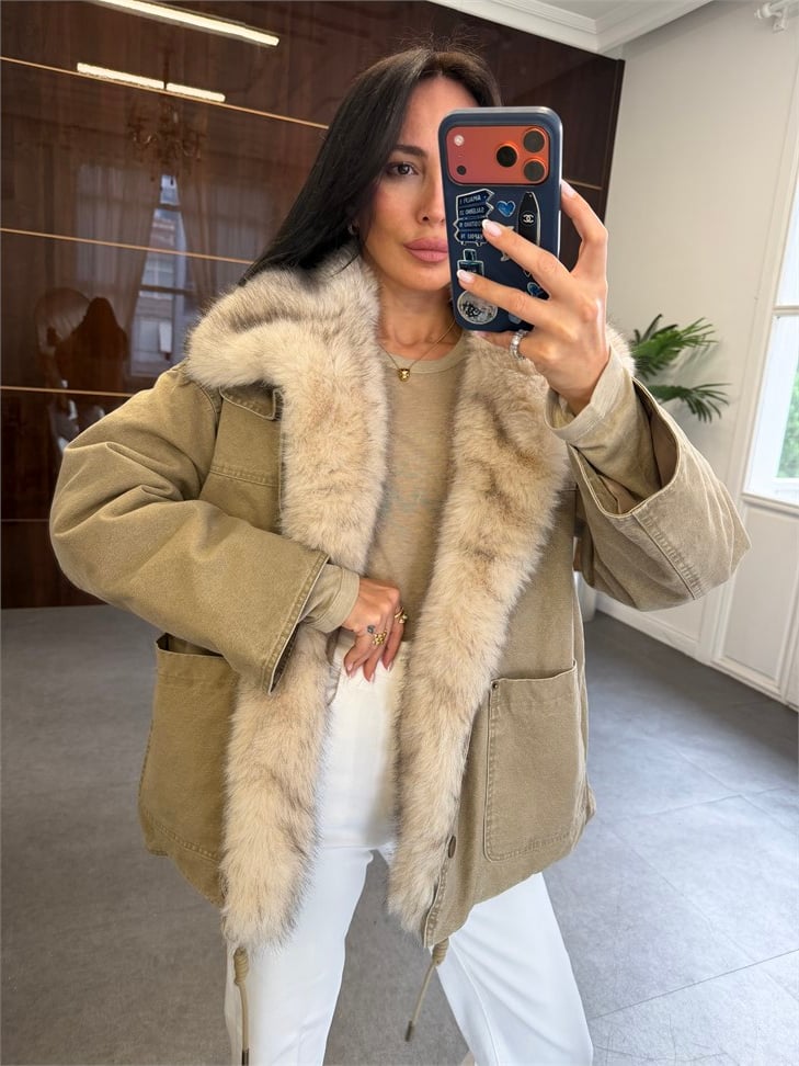 Bej Oversize Kürk Garnili Mont