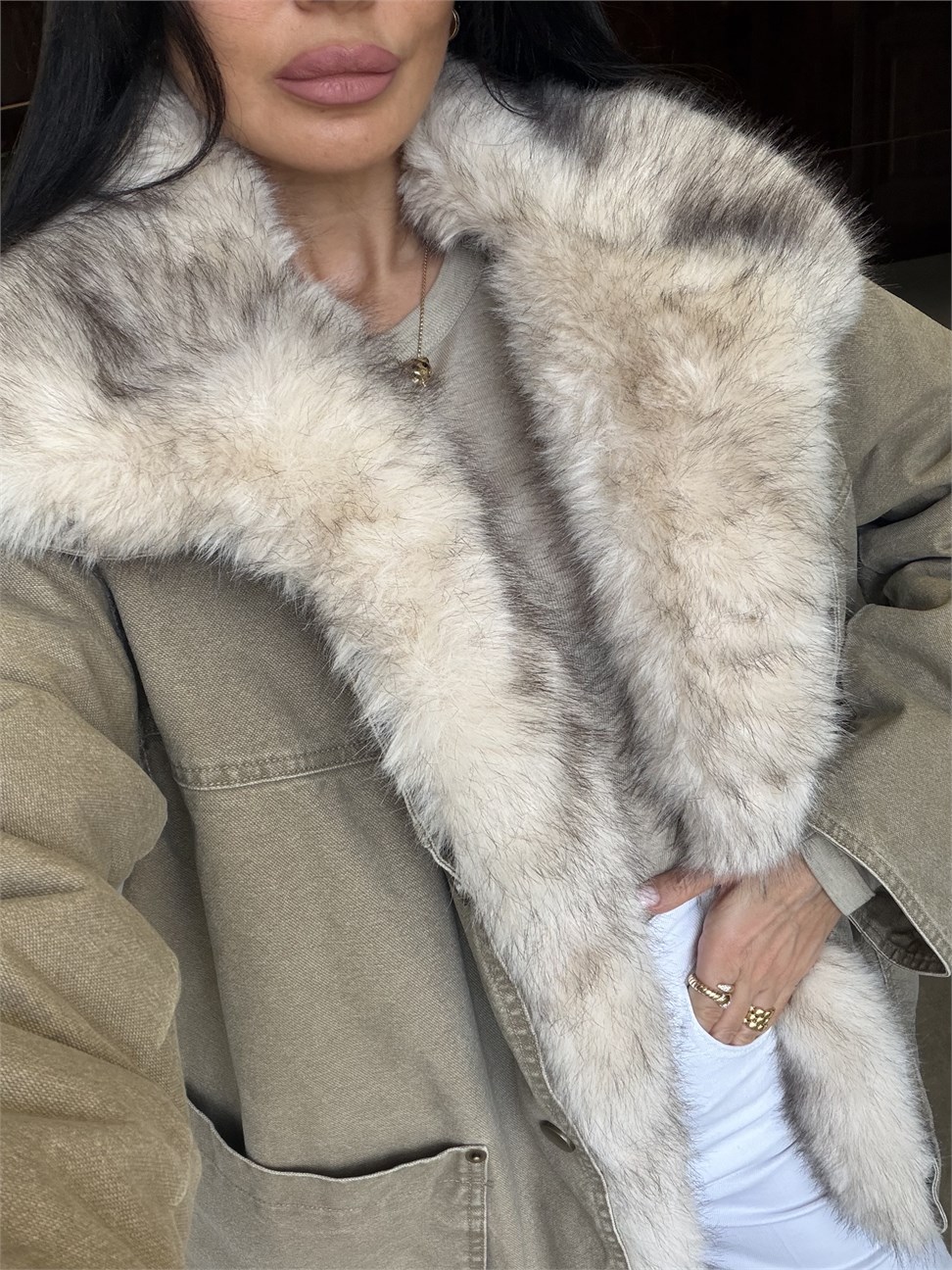 Bej Oversize Kürk Garnili Mont