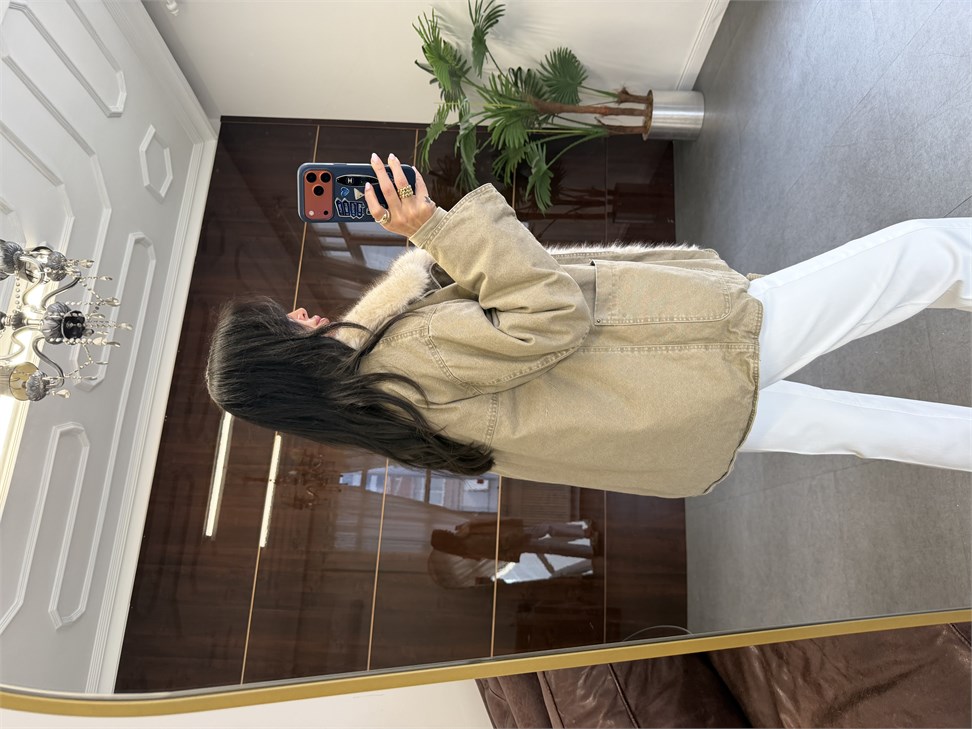 Bej Oversize Kürk Garnili Mont