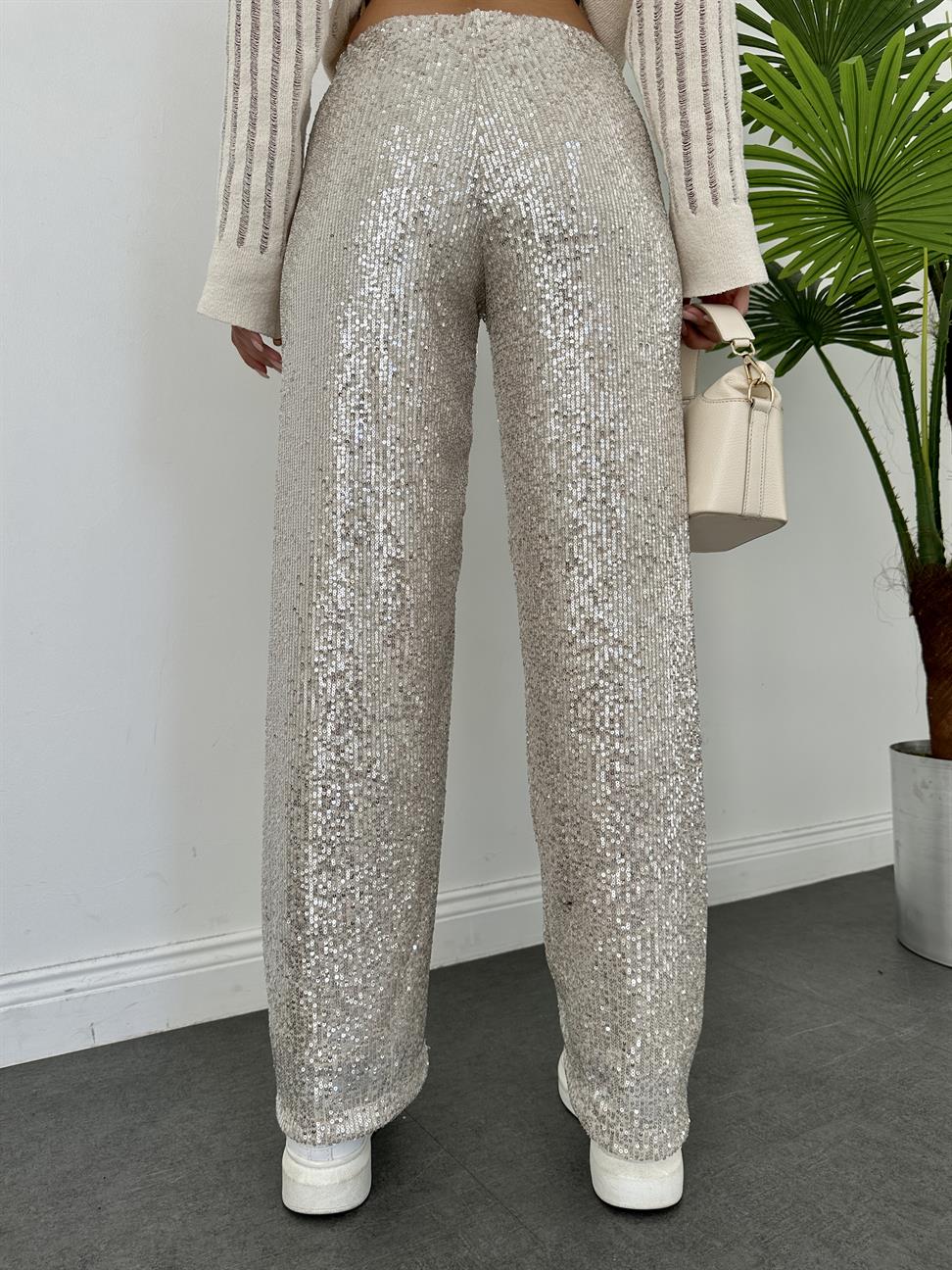 Bej Payetli Bol Paça Pantolon