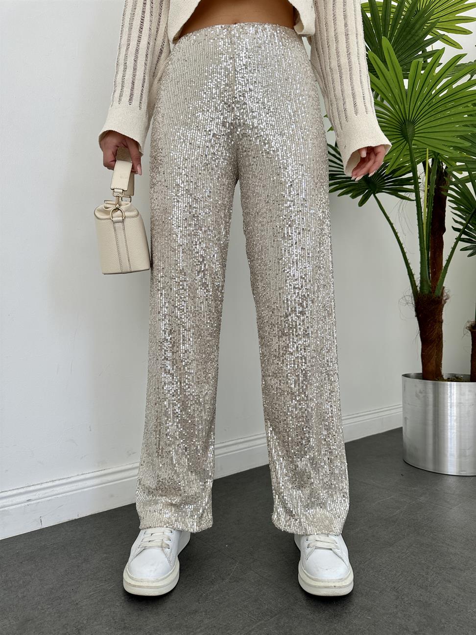 Bej Payetli Bol Paça Pantolon