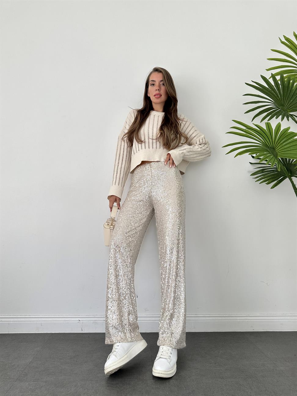 Bej Payetli Bol Paça Pantolon