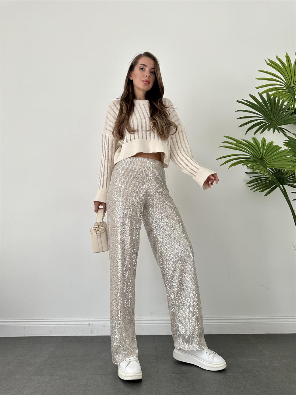 Bej Payetli Bol Paça Pantolon
