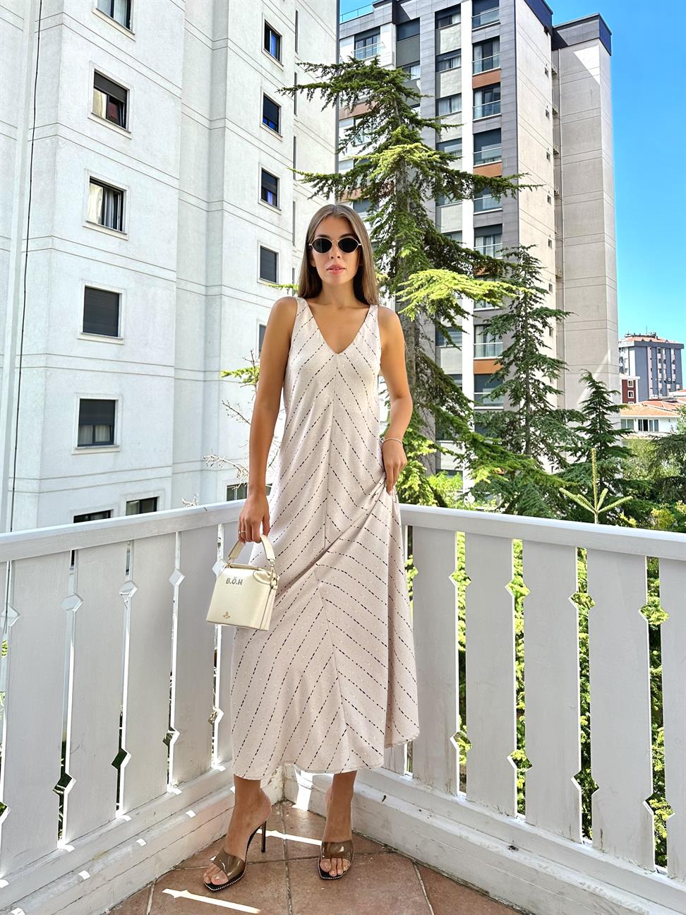 Bej Pesmaroken Desenli Elbise