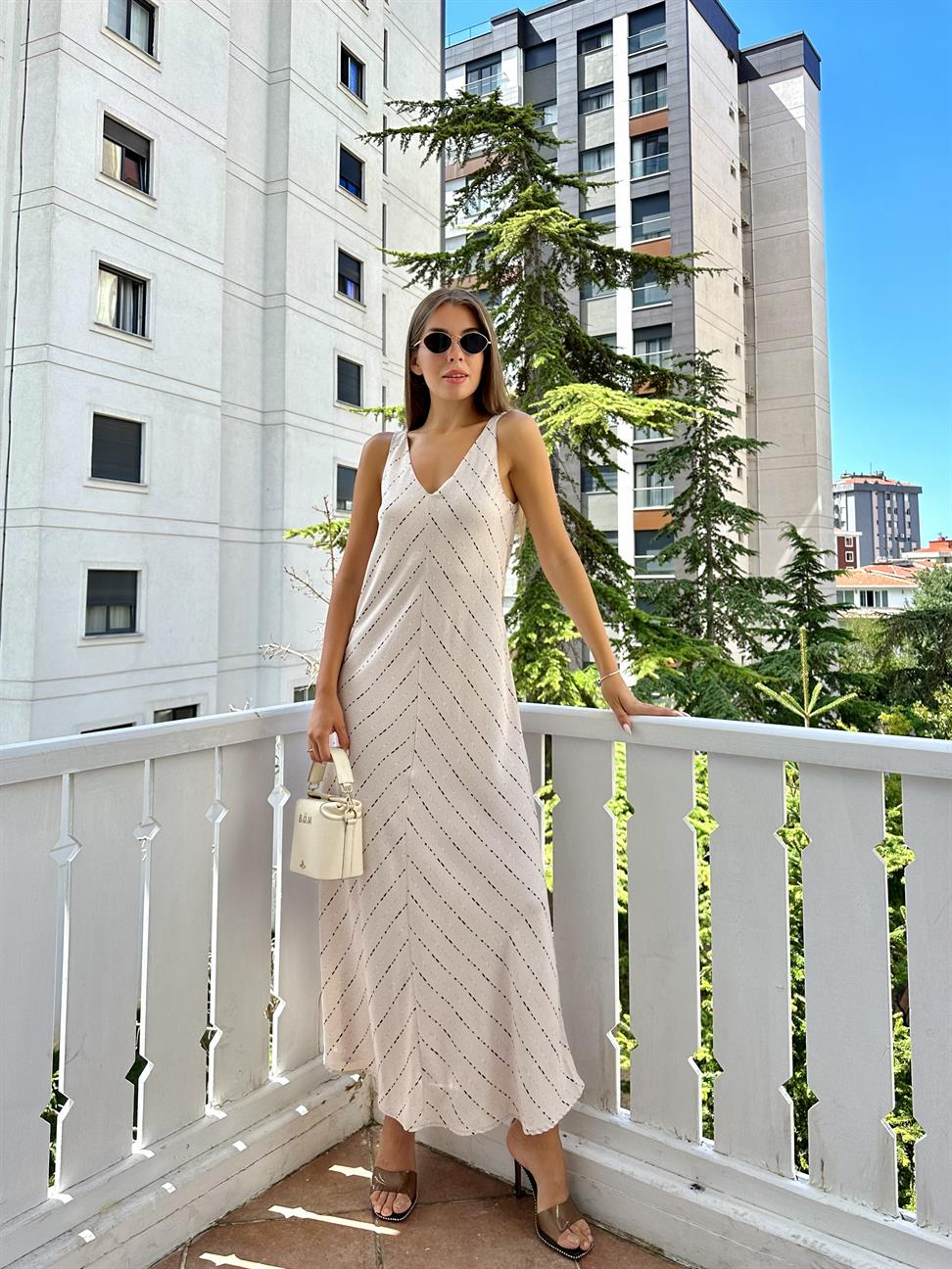 Bej Pesmaroken Desenli Elbise