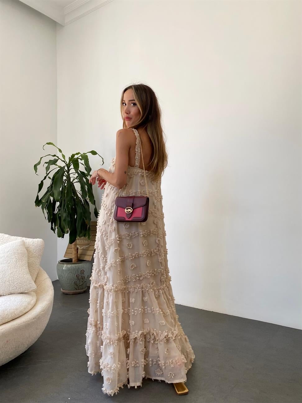 Bej Rose İp Askılı Elbise