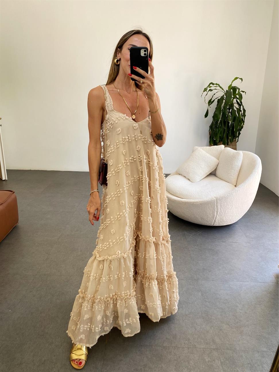 Bej Rose İp Askılı Elbise