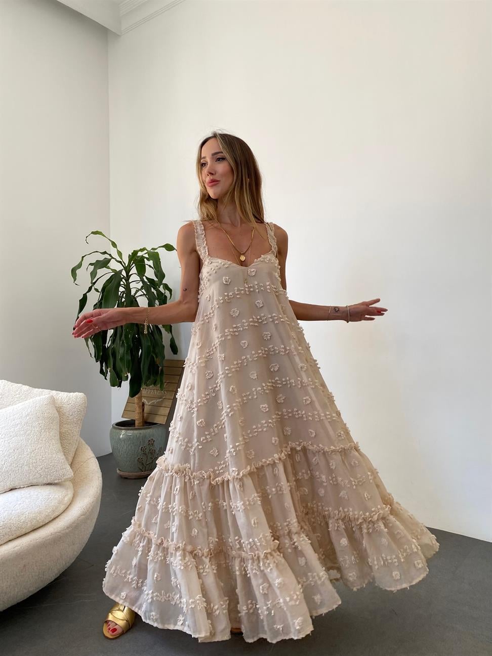 Bej Rose İp Askılı Elbise