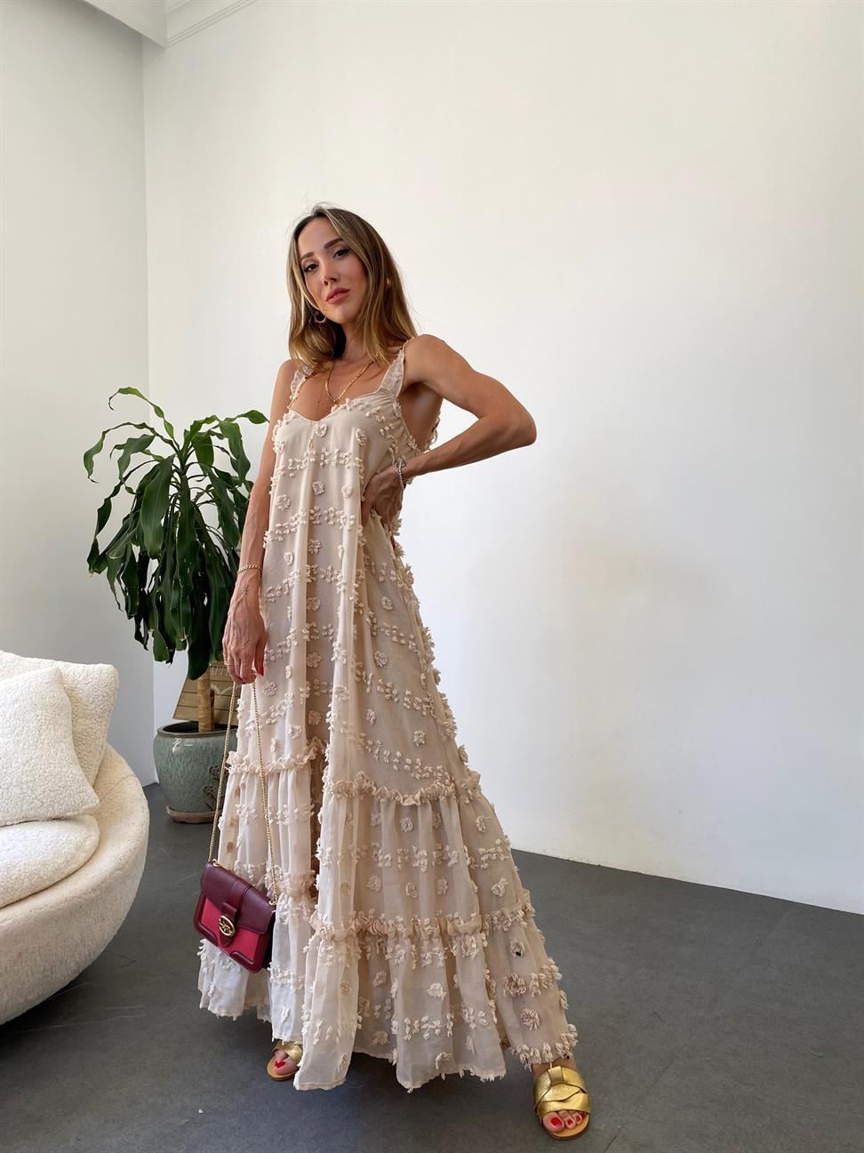 Bej Rose İp Askılı Elbise