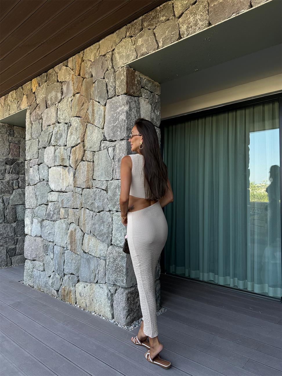 Bej Sıfır Kol Bel Detay Elbise 