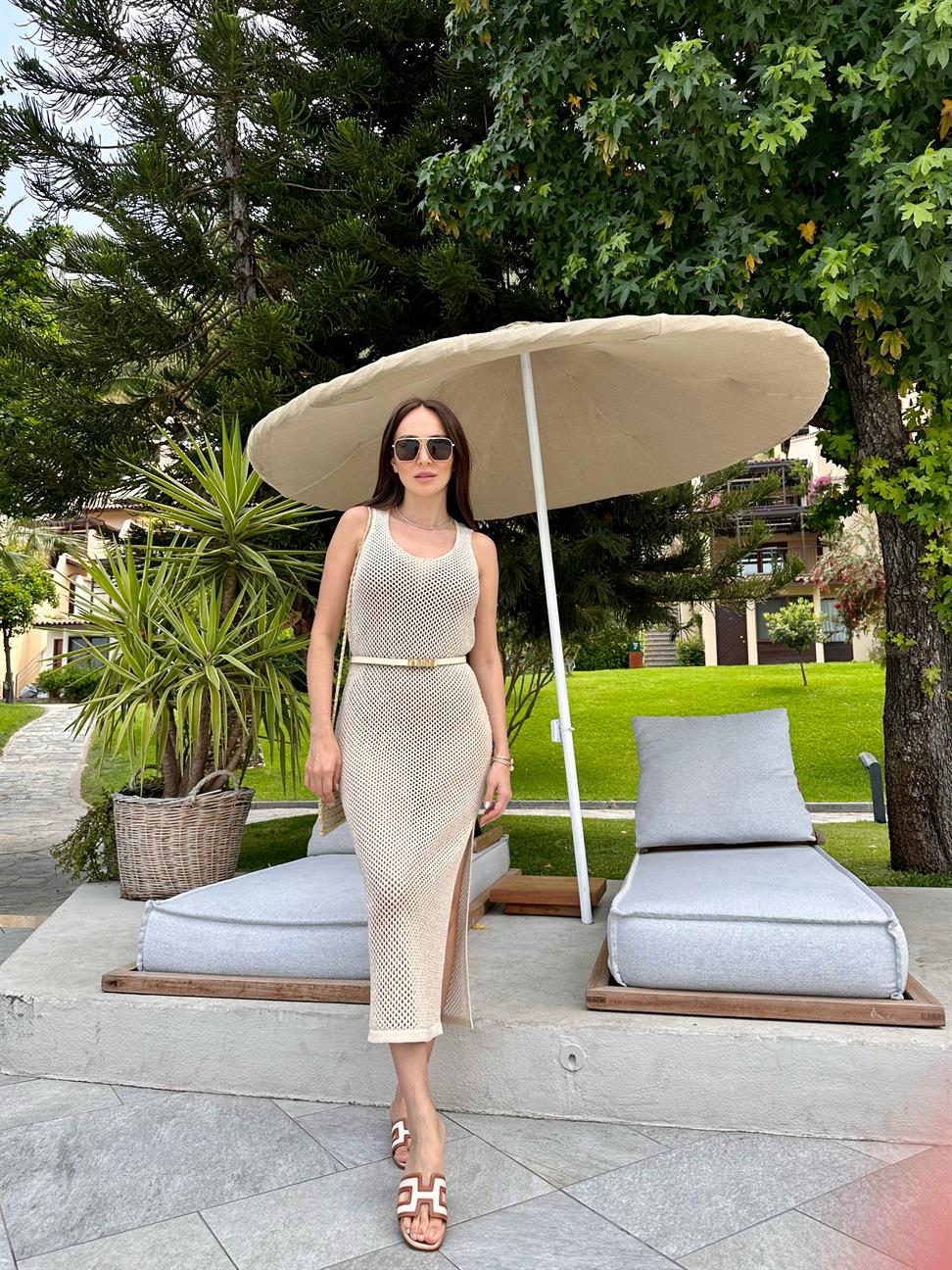 Bej Simli Ajurlu Uzun Elbise