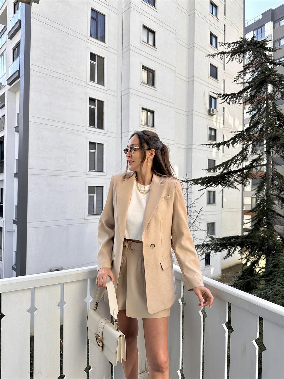 Bej Tencel Kumaş Ceket Şort Takım