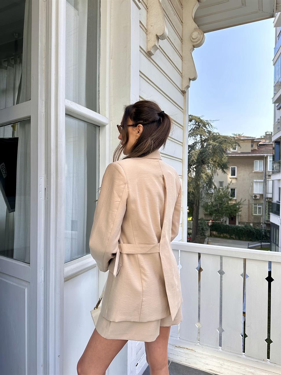 Bej Tencel Kumaş Ceket Şort Takım