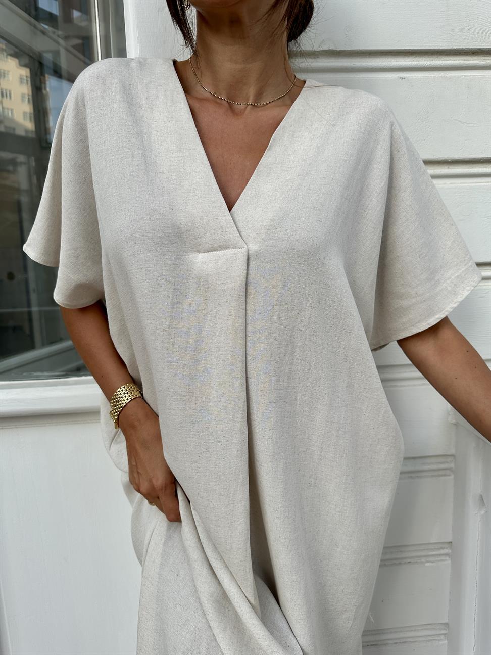 Bej V Yaka Basic Elbise