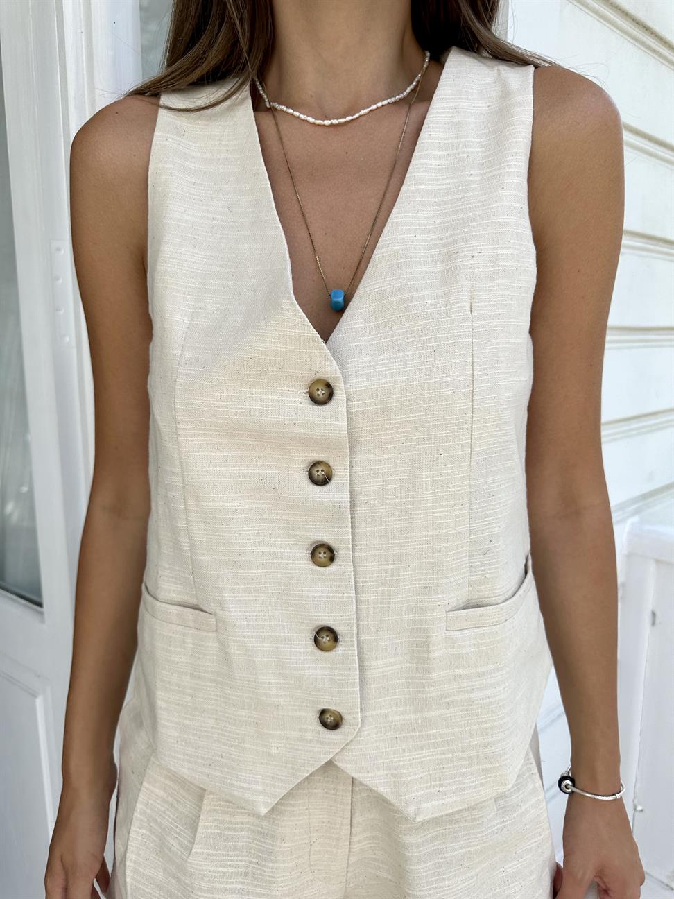 Bej Yelekli Keten Takım