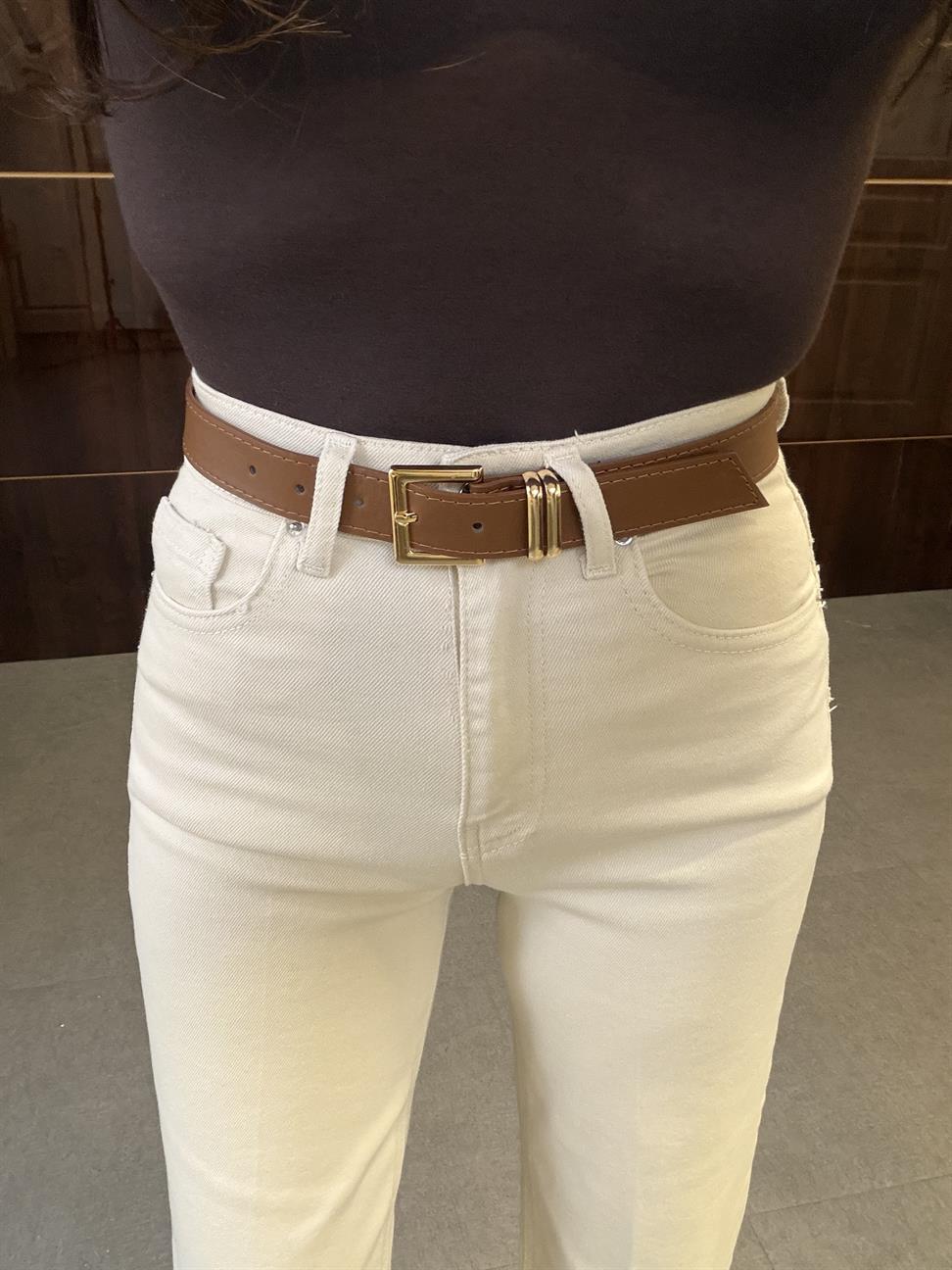 Bej Yüksek Bel Kemerli Wide Leg Pantolon