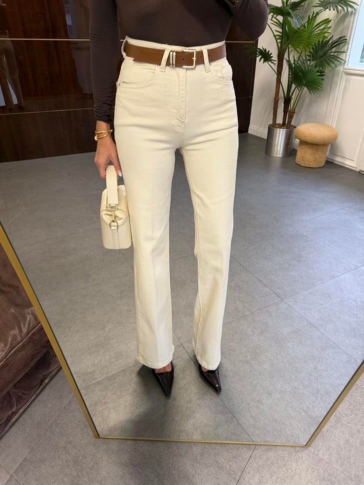 Bej Yüksek Bel Kemerli Wide Leg Pantolon