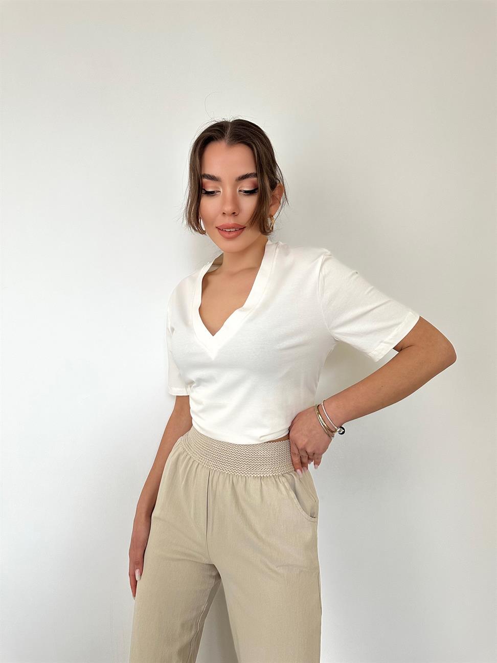 Beli Lastikli Bol Paça Naturel Pantolon