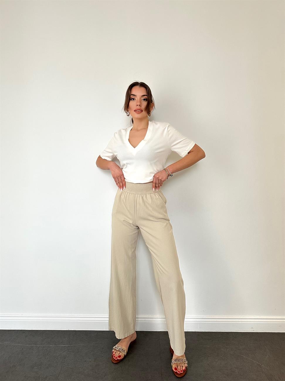 Beli Lastikli Bol Paça Naturel Pantolon