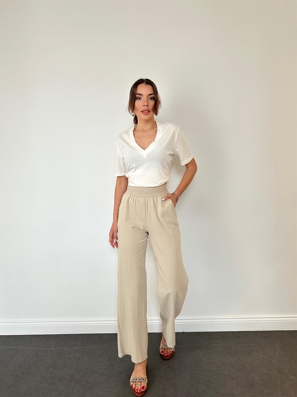 Beli Lastikli Bol Paça Naturel Pantolon