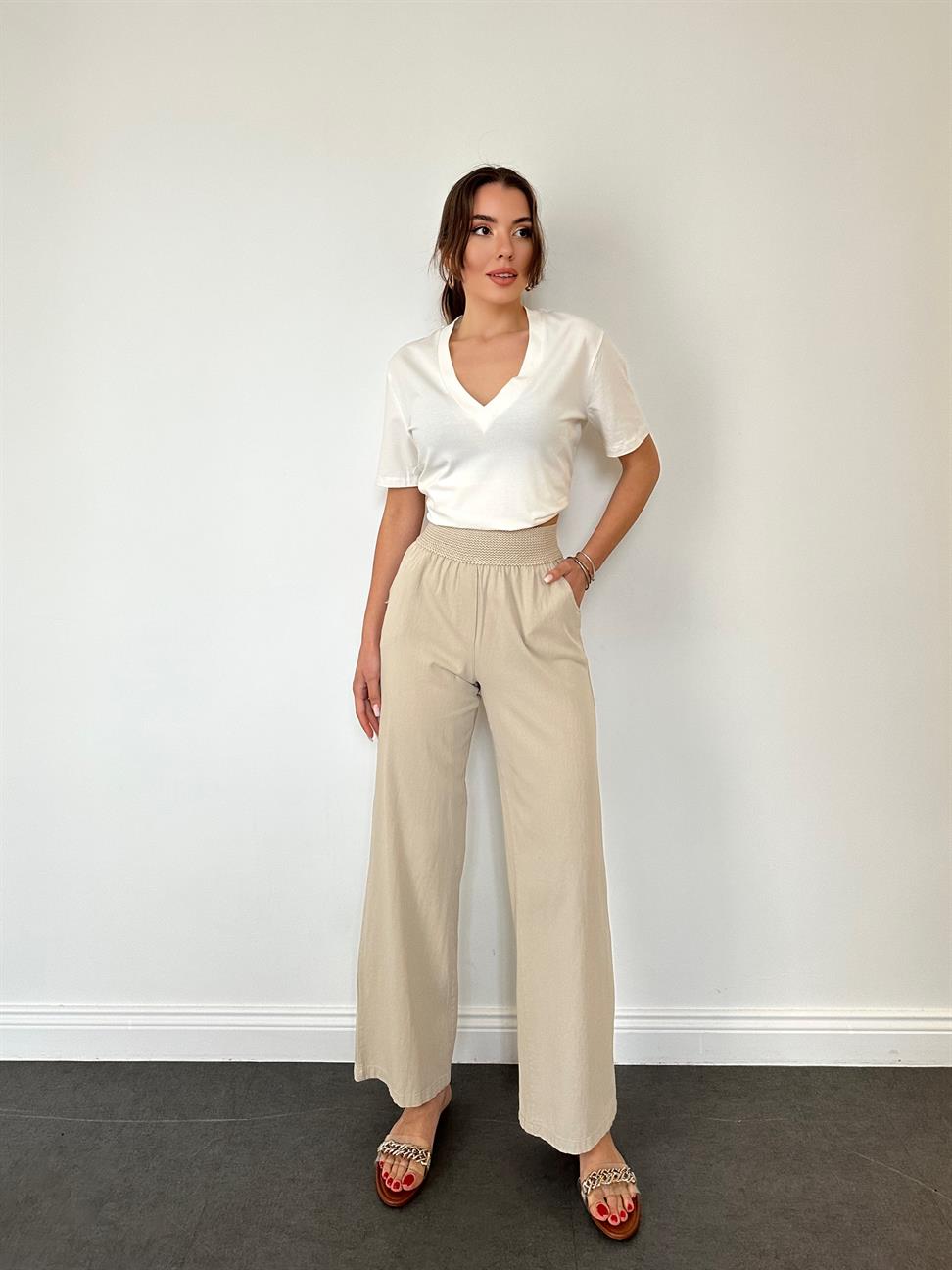 Beli Lastikli Bol Paça Naturel Pantolon