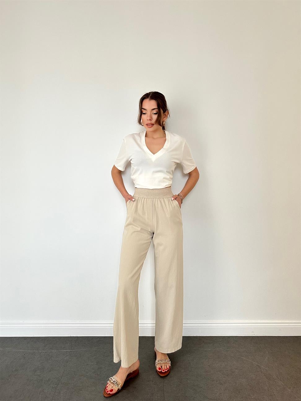 Beli Lastikli Bol Paça Naturel Pantolon