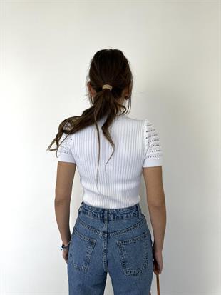 Beyaz Ajur ve Fitil Dokumalı Kısa Kol Bluz