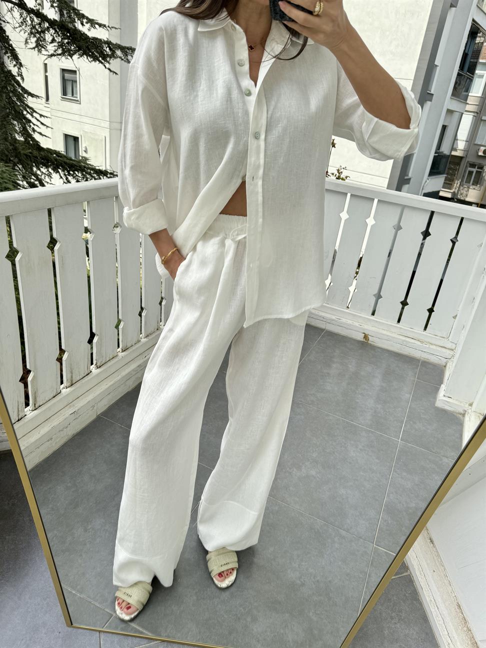 Beyaz Bağcıklı ve Lastikli Keten Pantolon