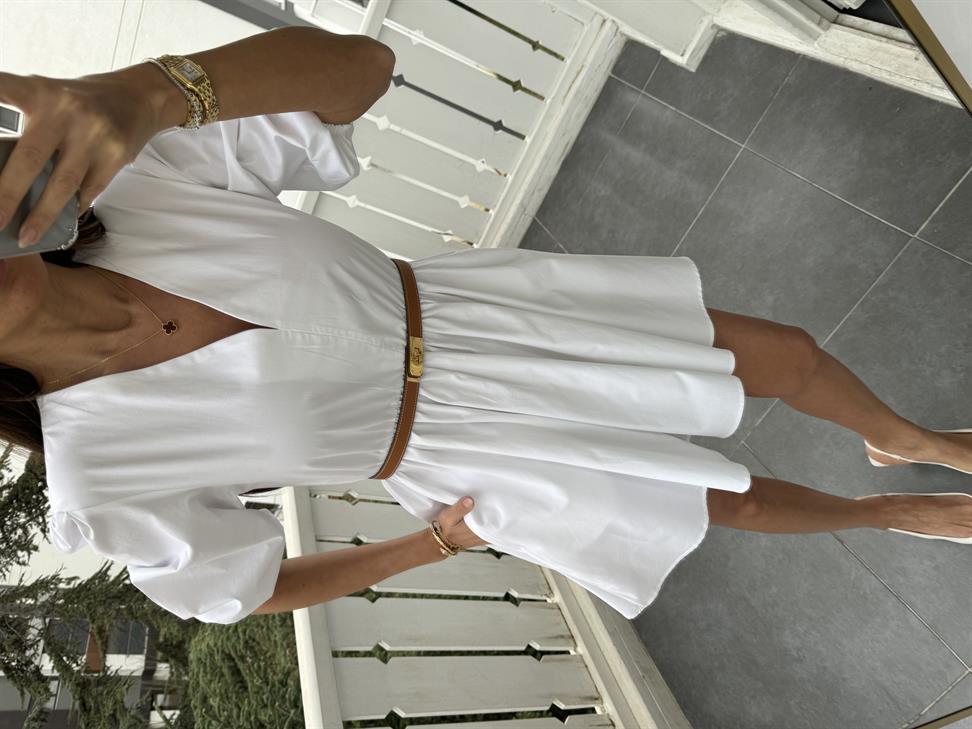 Beyaz Balon Kol Mini Elbise