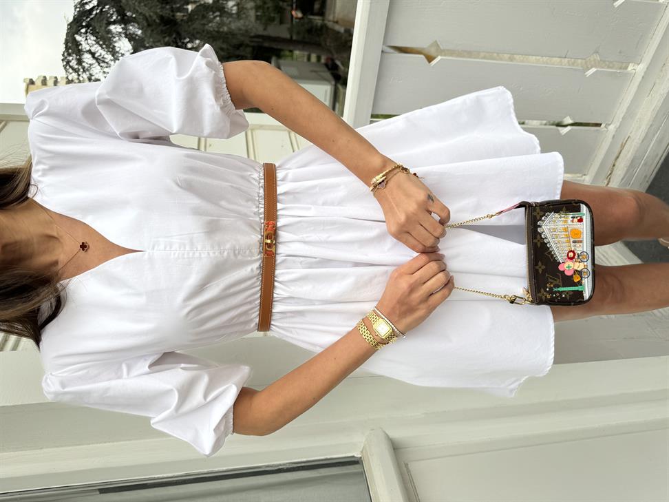 Beyaz Balon Kol Mini Elbise