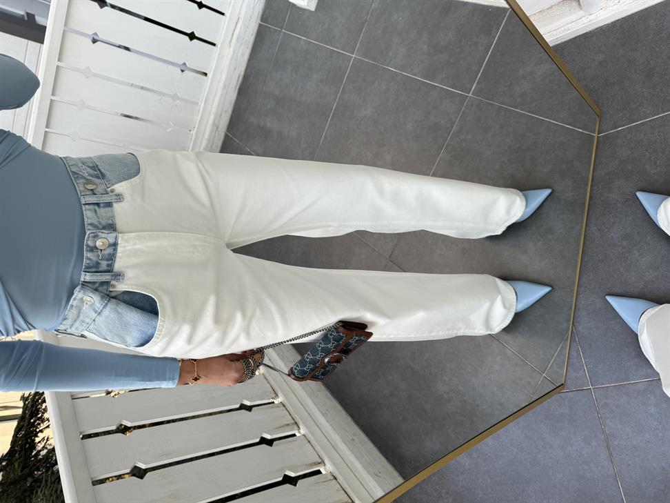 Beyaz Bel Detaylı Jean Pantolon
