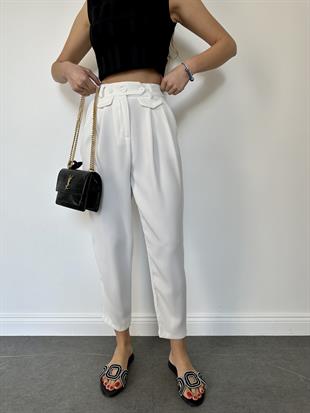 Beyaz Bol Paçalı Kumaş Pantolon