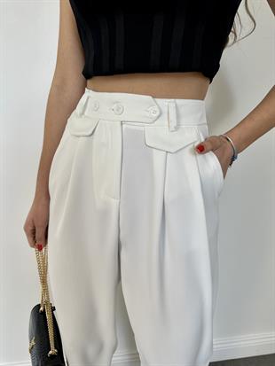 Beyaz Bol Paçalı Kumaş Pantolon